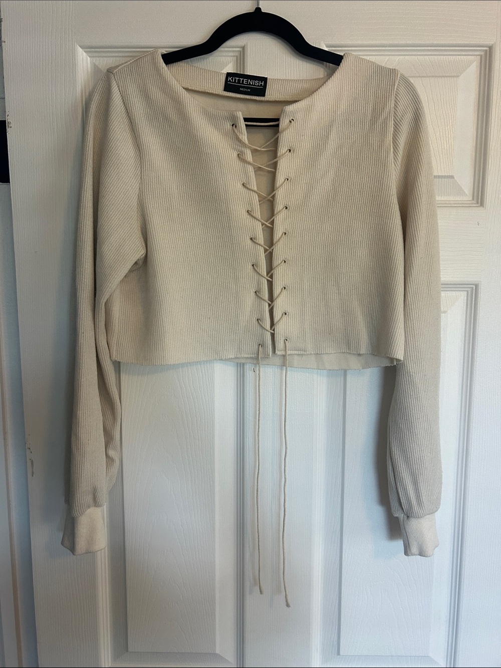 Kittenish Cream Lace-Up Cropped Knit Top